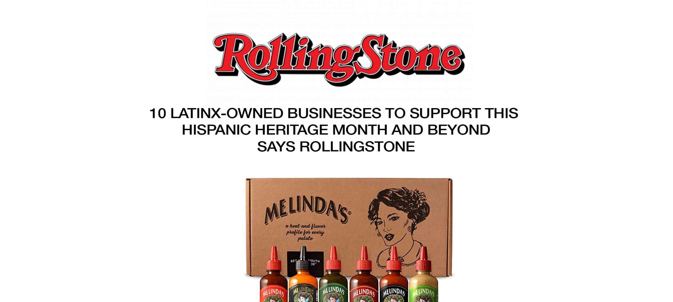 Rolling Stone logo above headline about 10 Latinx-owned businesses for Hispanic Heritage Month, with Melinda's hot sauce...
