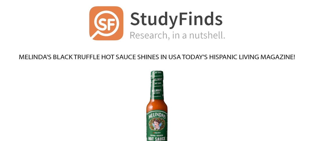 StudyFinds logo with Melinda's Black Truffle Hot Sauce bottle featuring green label and orange sauce