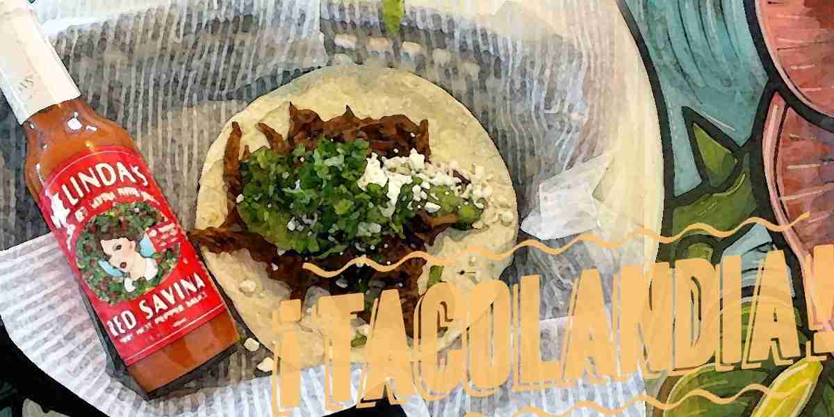 Taco topped with meat, greens, and cheese next to bottle of Melinda's hot sauce with 