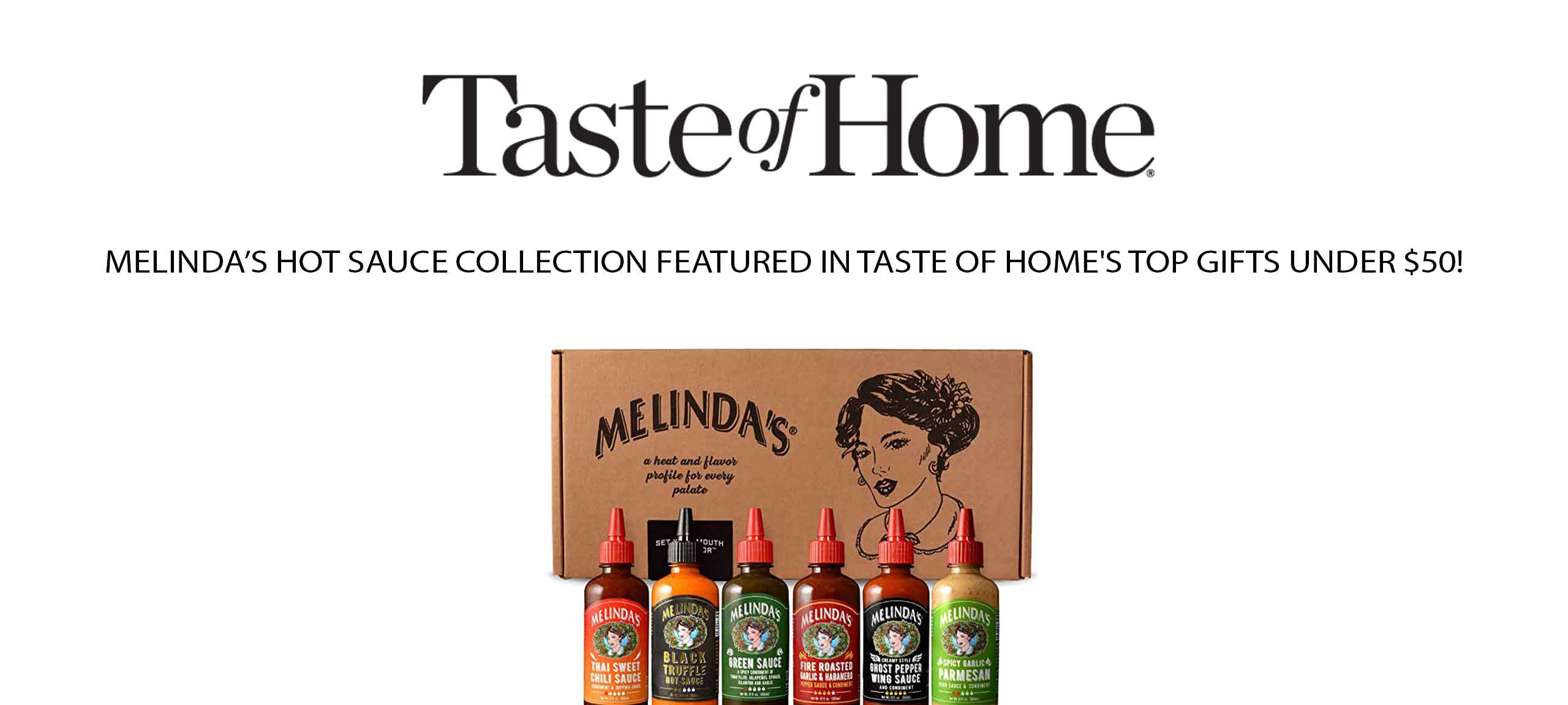 Melinda's hot sauce gift collection box with six colorful sauce bottles and vintage-style packaging featuring woman's...