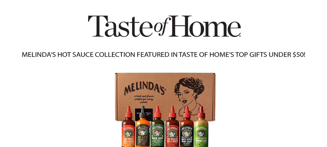 Melinda's hot sauce gift collection box with six colorful sauce bottles and vintage-style packaging featuring woman's...