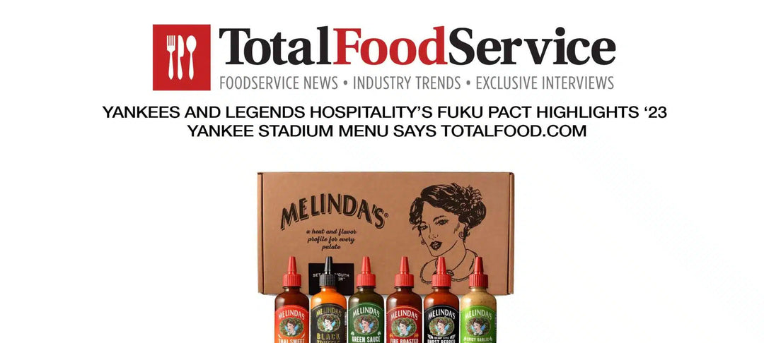 Melinda's hot sauce product lineup in gift box packaging with vintage-style woman illustration on brown cardboard box