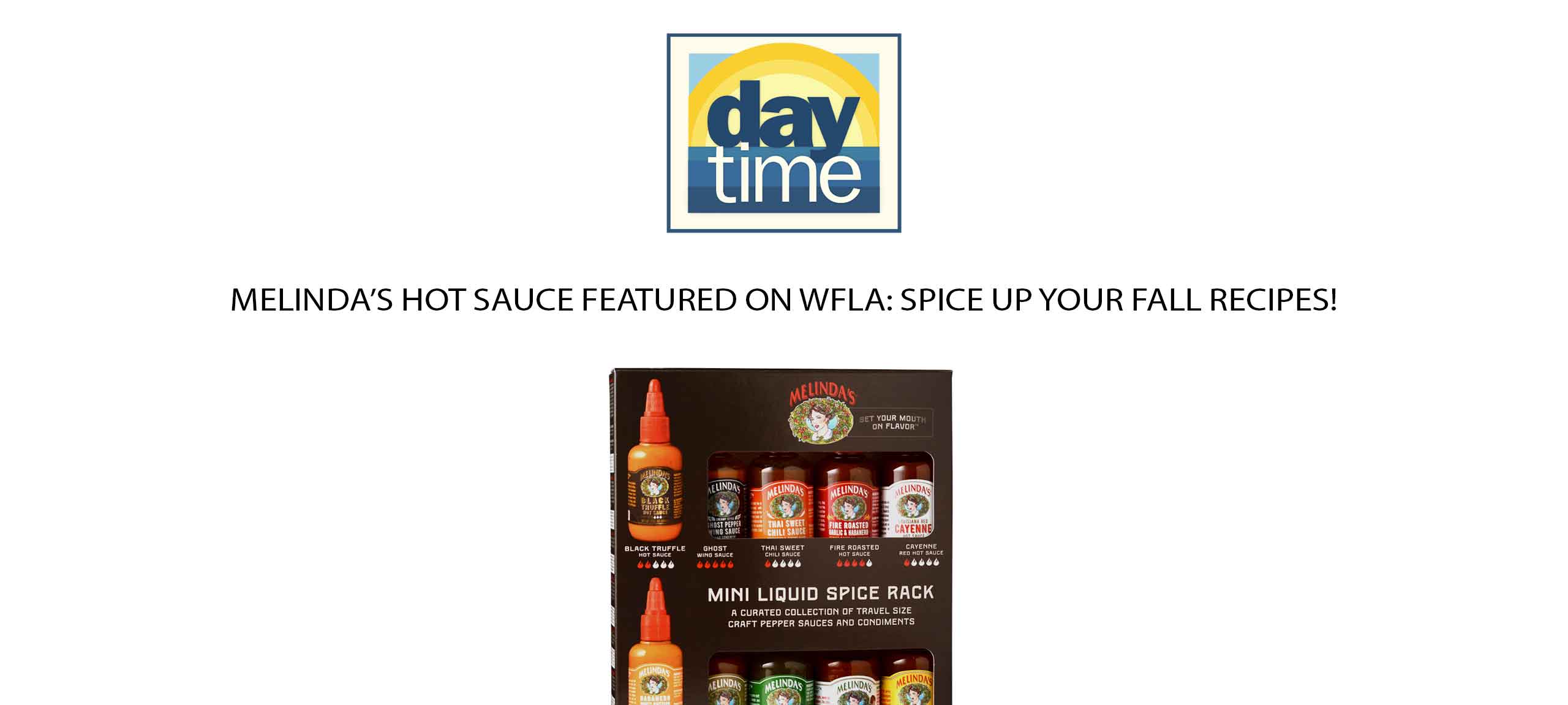 Melinda's Mini Liquid Spice Rack featuring 10 travel-size craft pepper sauces and condiments with varying heat levels