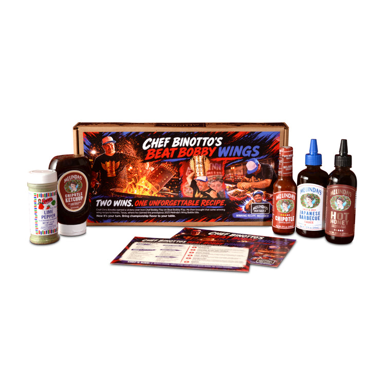 Chef Binotto's Beat Bobby Wings box, sauces, seasoning, and recipe card on a white background