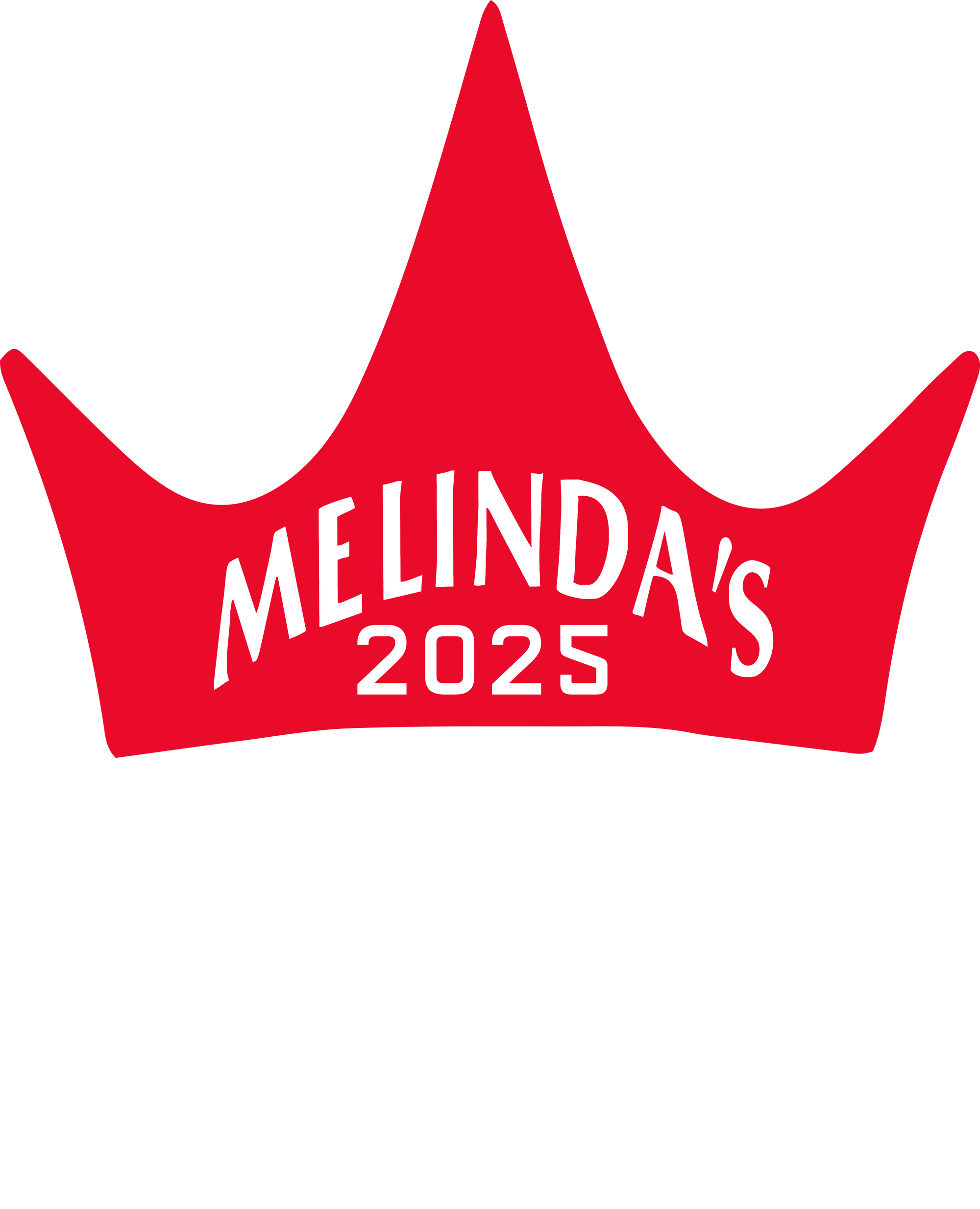 Red crown logo with white text reading "MELINDA'S 2025"
