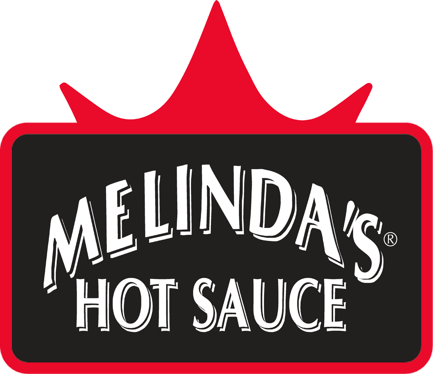 Melinda's Hot Sauce logo with white text on black background surrounded by red crown-shaped border