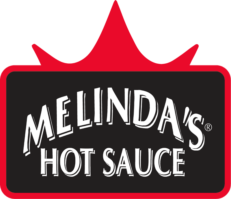 Melinda's Hot Sauce logo with white text on black background surrounded by red crown-shaped border