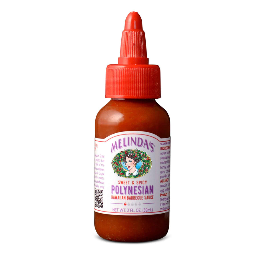 A mini-squeeze bottle of Melinda's Sweet and Spicy Polynesian Hawaiian Style Barbecue Sauce, a fusion of tropical fruits and bold spices.