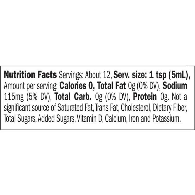 A black and white label with black text displaying nutrition facts for Melinda's Trinidad Moruga Scorpion Pepper Sauce 2 oz Mini-Squeeze.