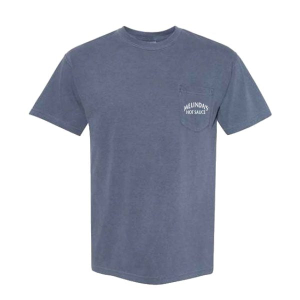Comfort Colors Pocket Tee – Washed Demin: a close-up of a blue shirt with a pocket.