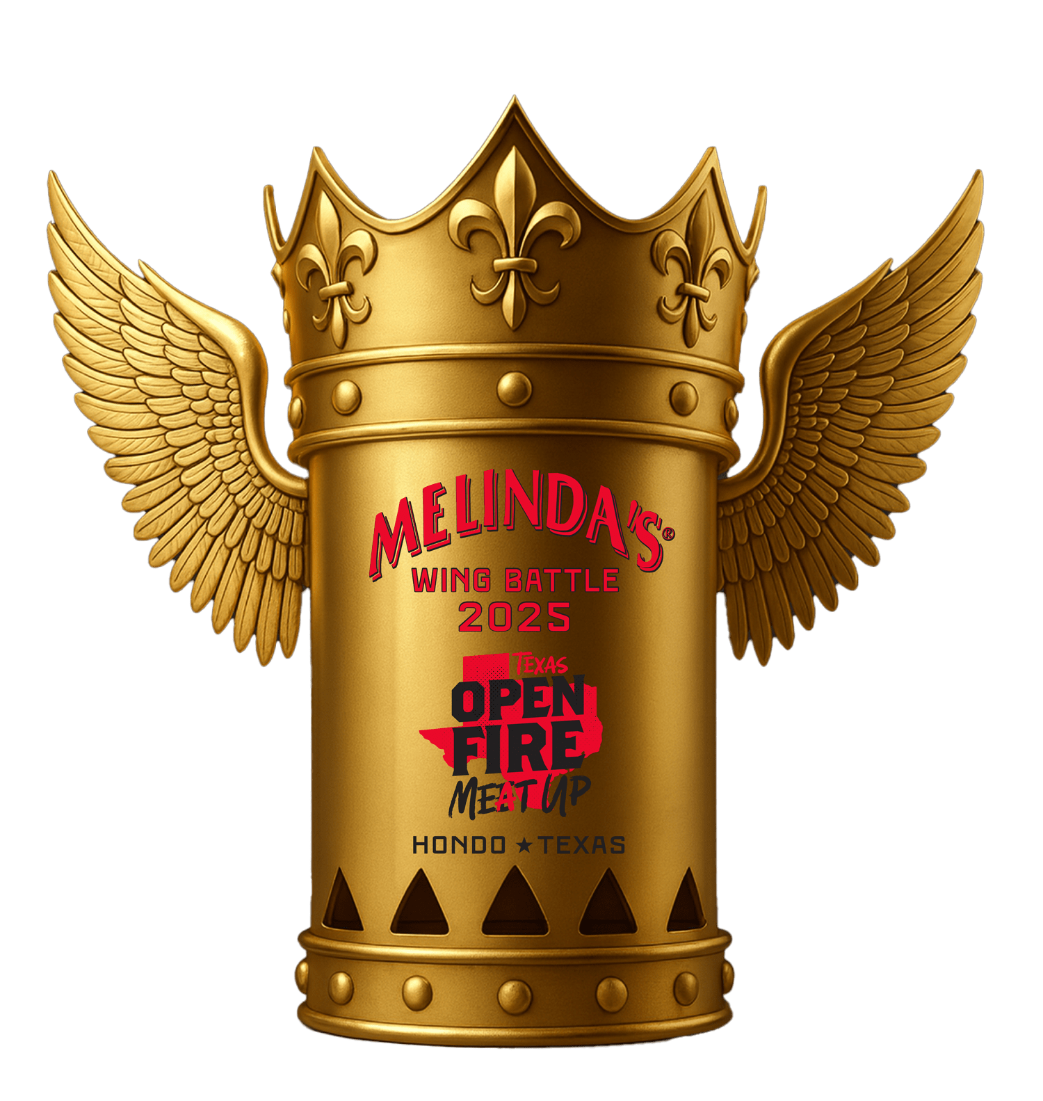 Golden trophy with wings and crown displaying "MELINDA'S WING BATTLE 2025" and "OPEN FIRE MEAT UP HONDO TEXAS" text