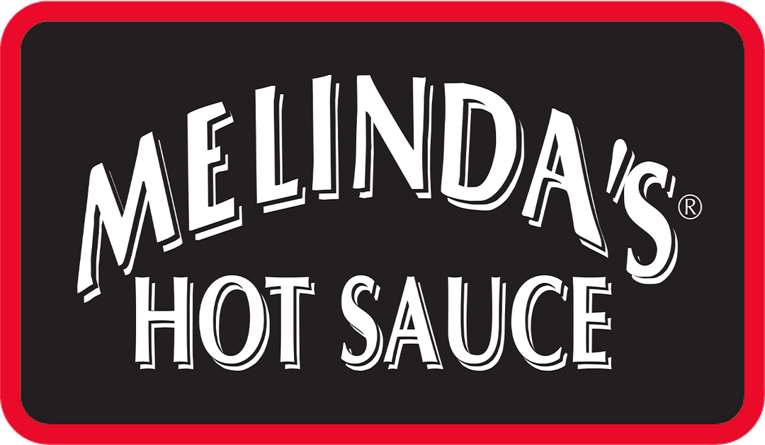 Melinda's Hot Sauce logo with white text on black background surrounded by red border