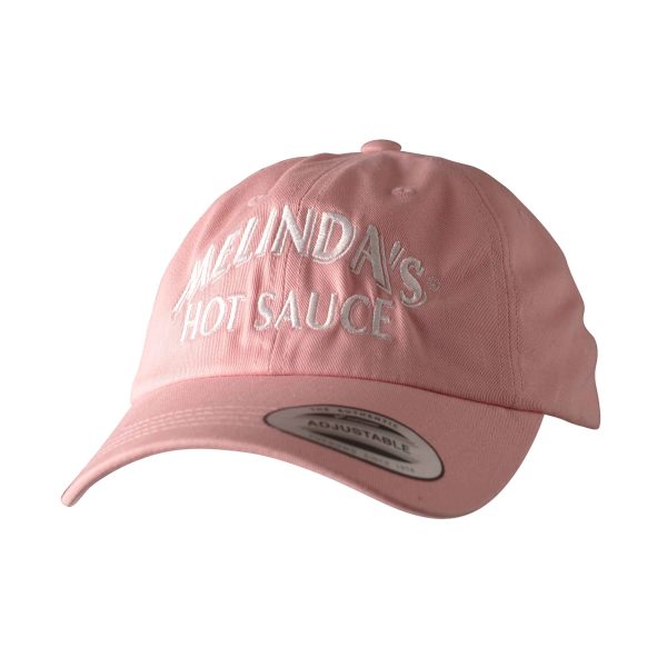 A Melinda's Foods Classic Dad Hat – Adjustable – Pink with the word 'mundings hot sauce' on it.